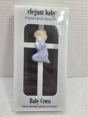 Elegant Baby Hand Painted Glazed Porcelain Kneeling Baby Boy Wall Cross Baptism